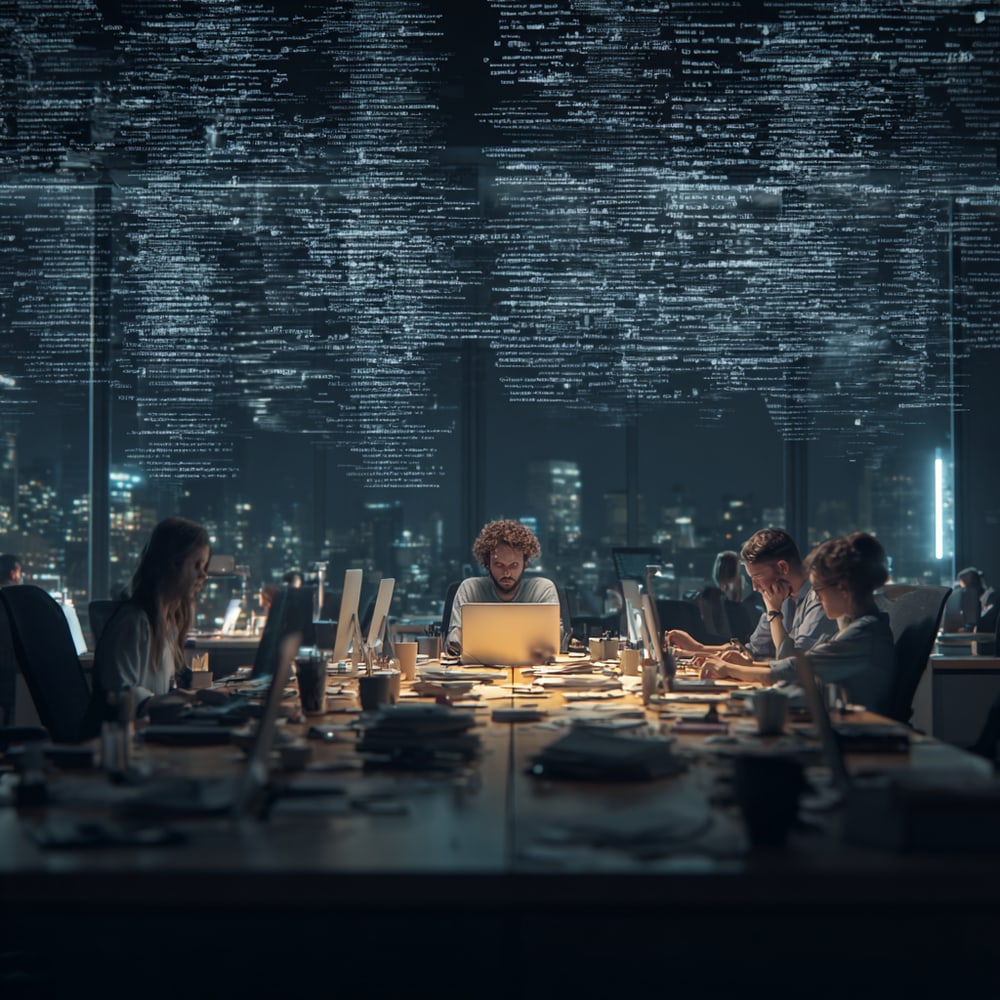 Overwhelmed team working late