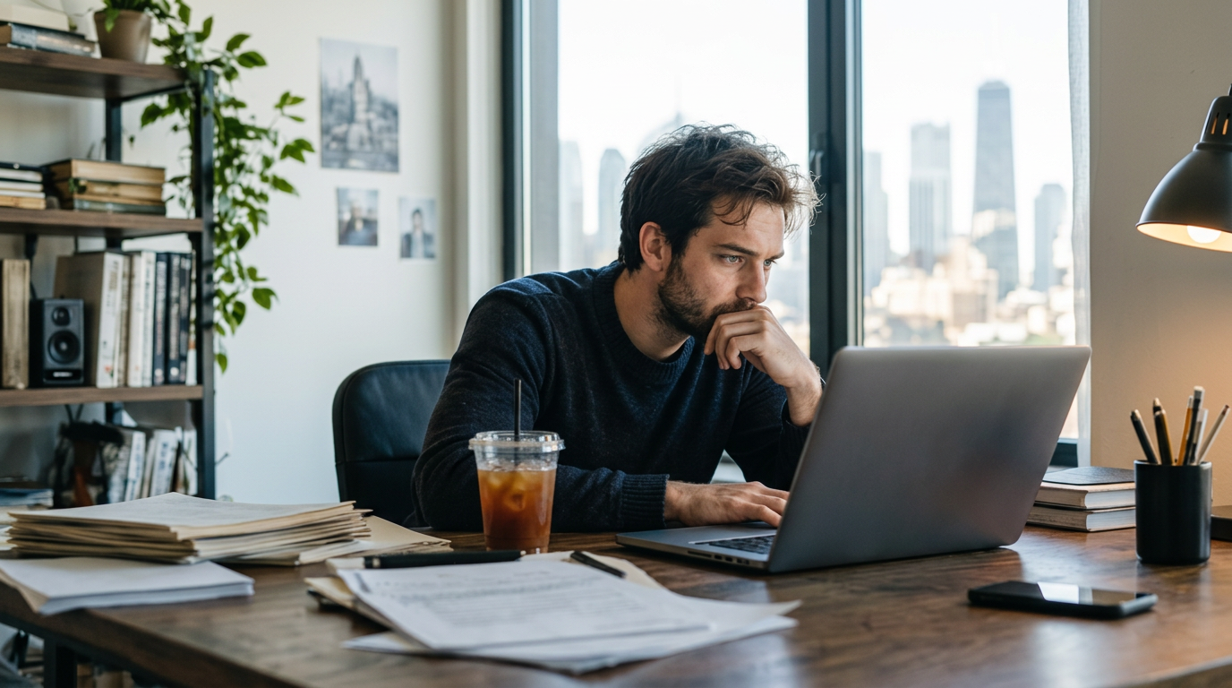 Unternehmer arbeitet spät am Schreibtisch
