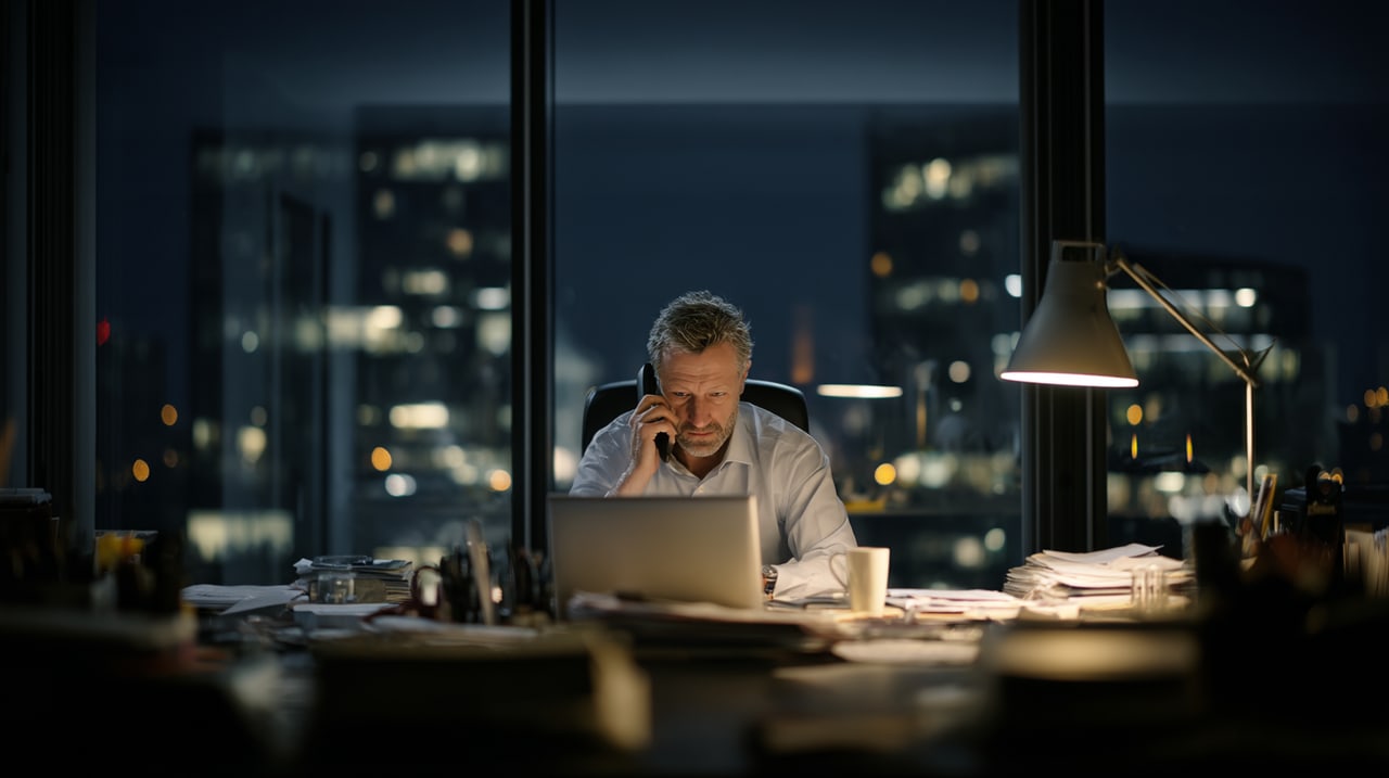 Unternehmer arbeitet spät am Schreibtisch